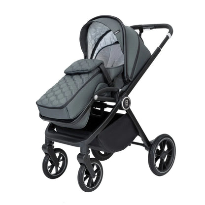 Gray and black baby stroller with quilted seat on a white background