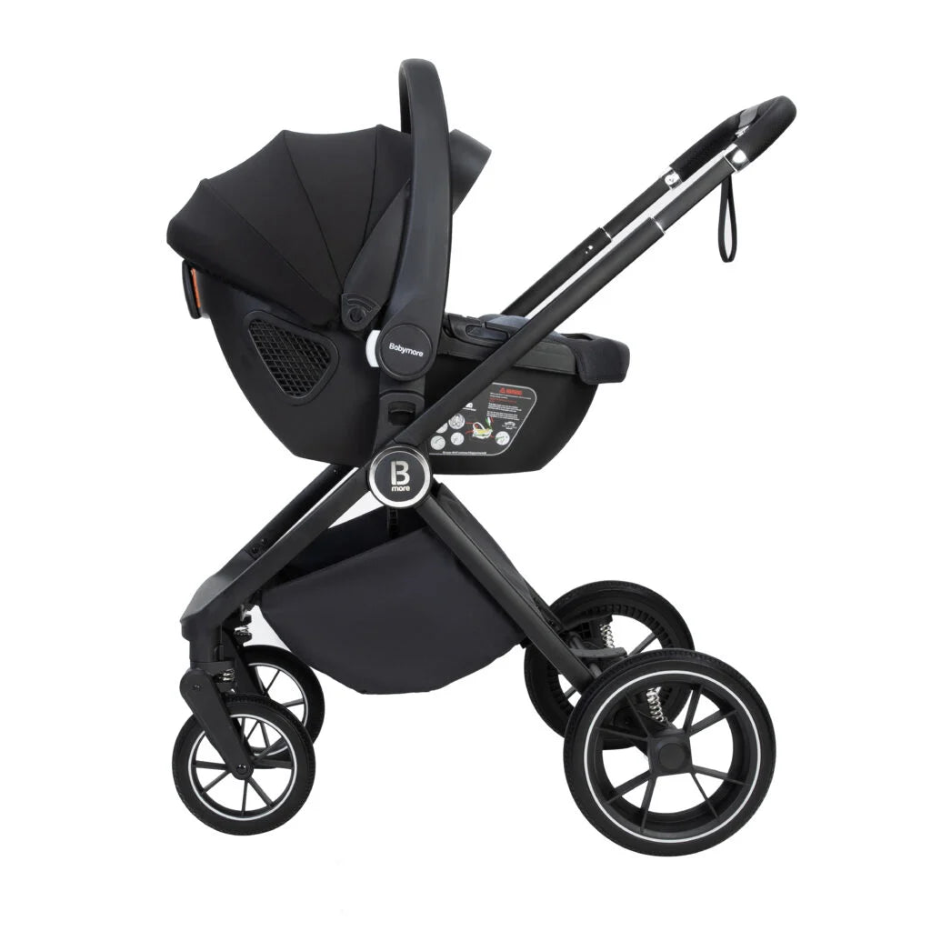 Black baby stroller and car seat combo on a white background