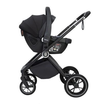 Black baby stroller and car seat combo on a white background