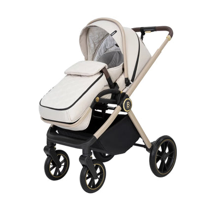 Baby stroller with beige and black design on a white background