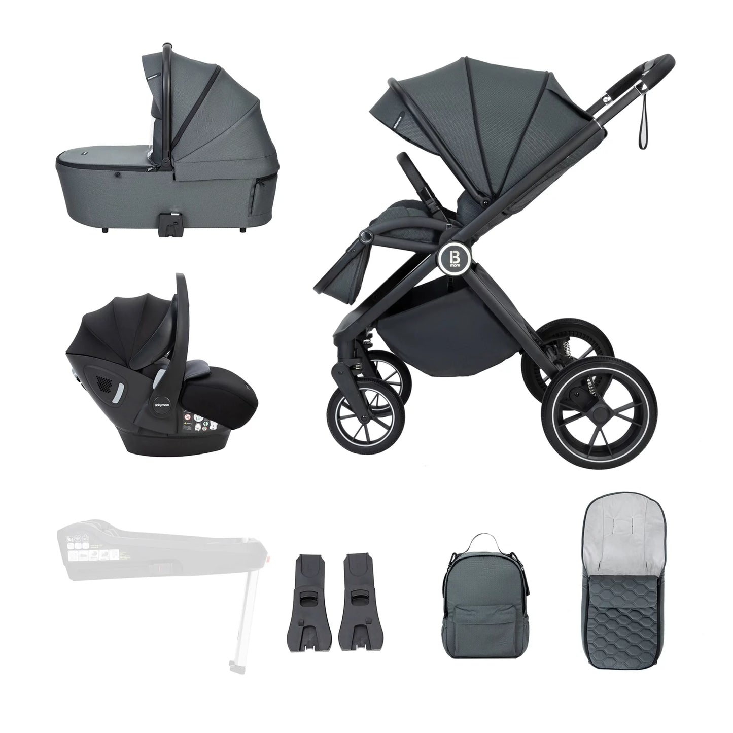 Collection of gray baby stroller and accessories on a white background