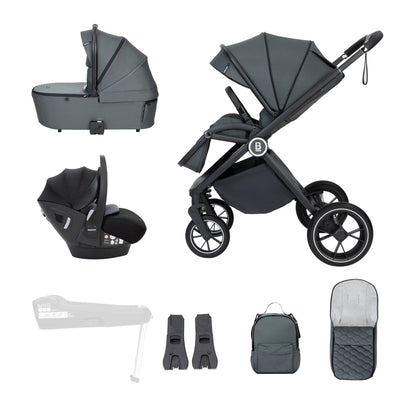 Collection of gray baby stroller and accessories on a white background