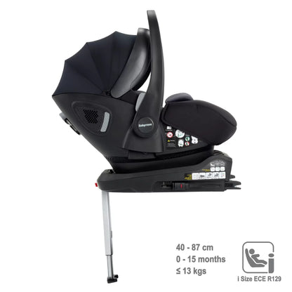 Black baby car seat with height and weight guidelines on a white background