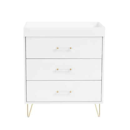 White dresser with gold legs and handles on a white background