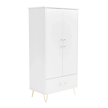 White cabinet with gold handles on a white background