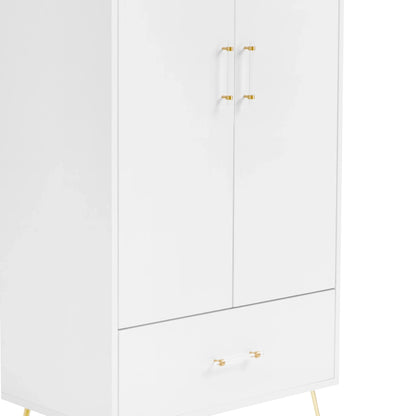 White cabinet with gold handles on a white background