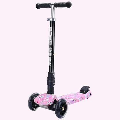 Pink scooter with floral design on wheels on a white background