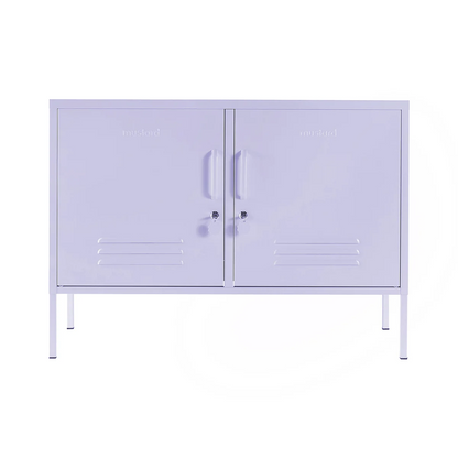 Purple metal cabinet with two doors on a white background