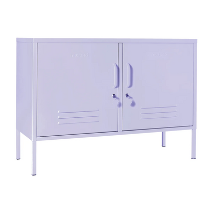 Purple metal cabinet with two doors on a white background
