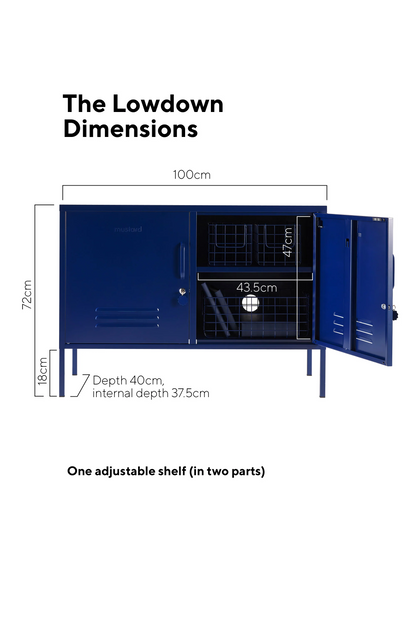 Blue locker with dimensions labeled on a white background