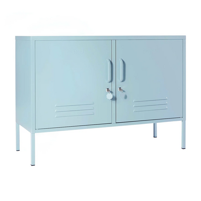 Light blue metal cabinet with two doors on a white background