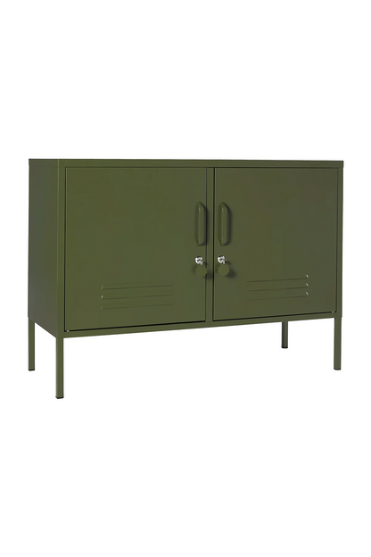 Green metal cabinet with two doors on a white background