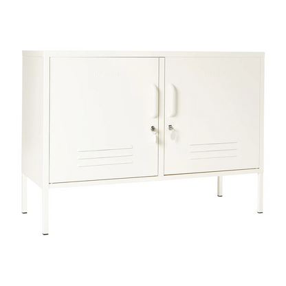 White cabinet with two doors on a white background