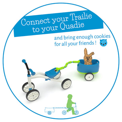 Children's tricycle with a trailer and cartoon character, promoting 'Trailie' and 'Quadie' products.