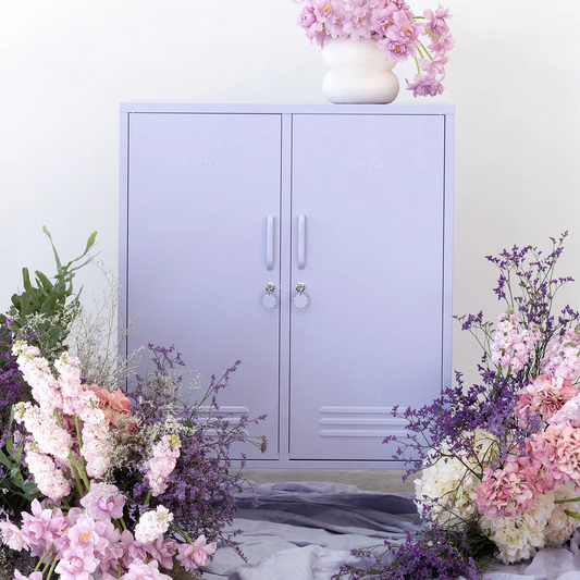 Purple locker with pink flowers on a white background