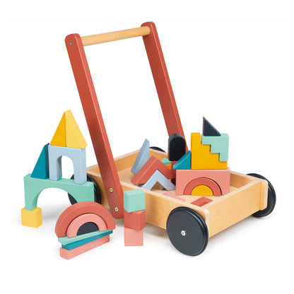 Colorful wooden toy with a push cart and geometric shapes on a white background
