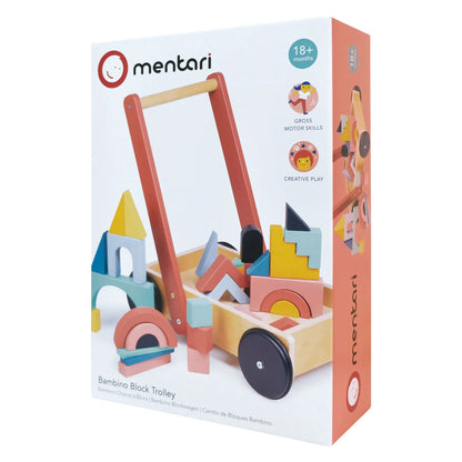 Mentari Bambino Block Trolley packaging with colorful toy and branding.