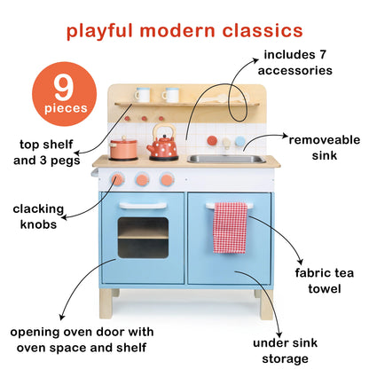 Wooden play kitchen set with features highlighted on a white background