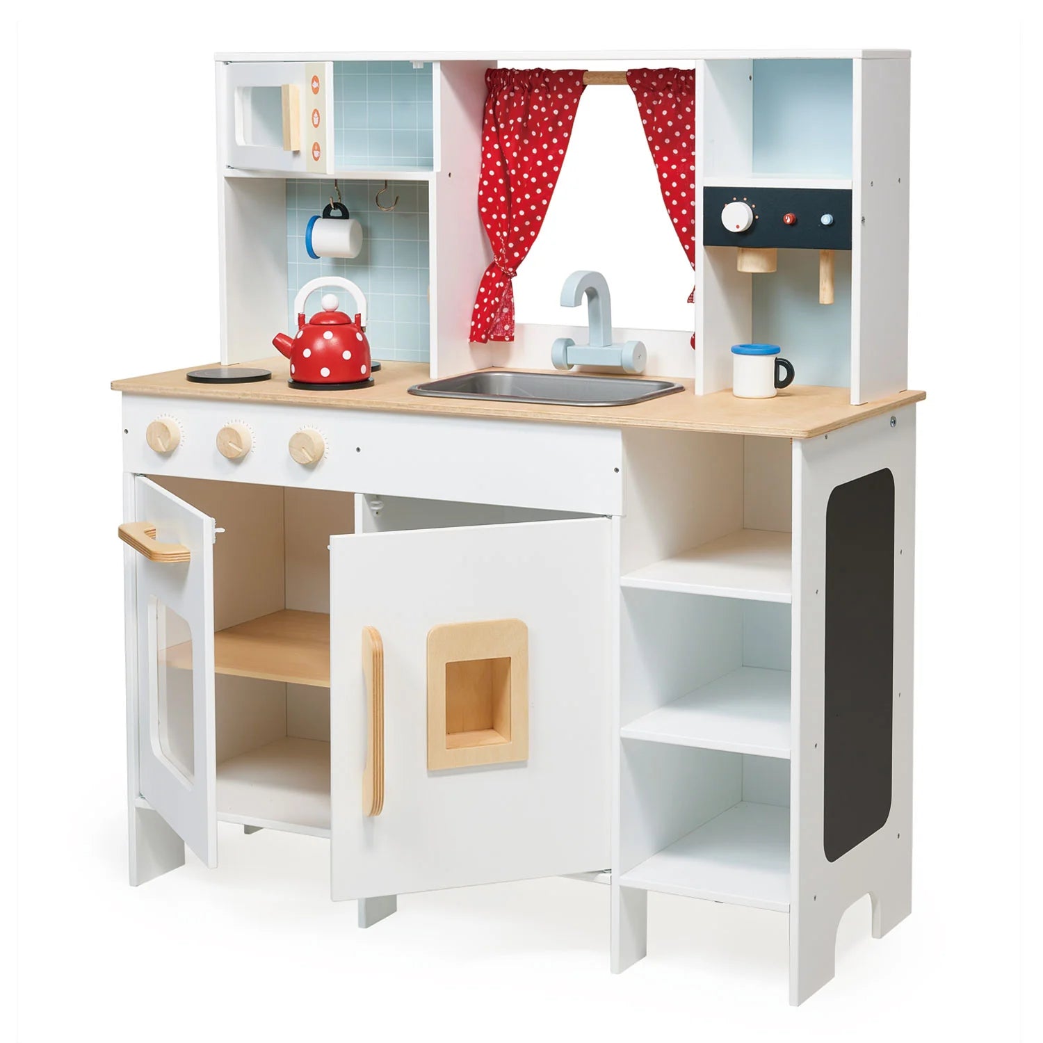Children's play kitchen set with white cabinets, wooden countertops, and colorful accessories on a white background.