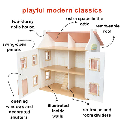 Diagram of a two-story dolls house with features labeled