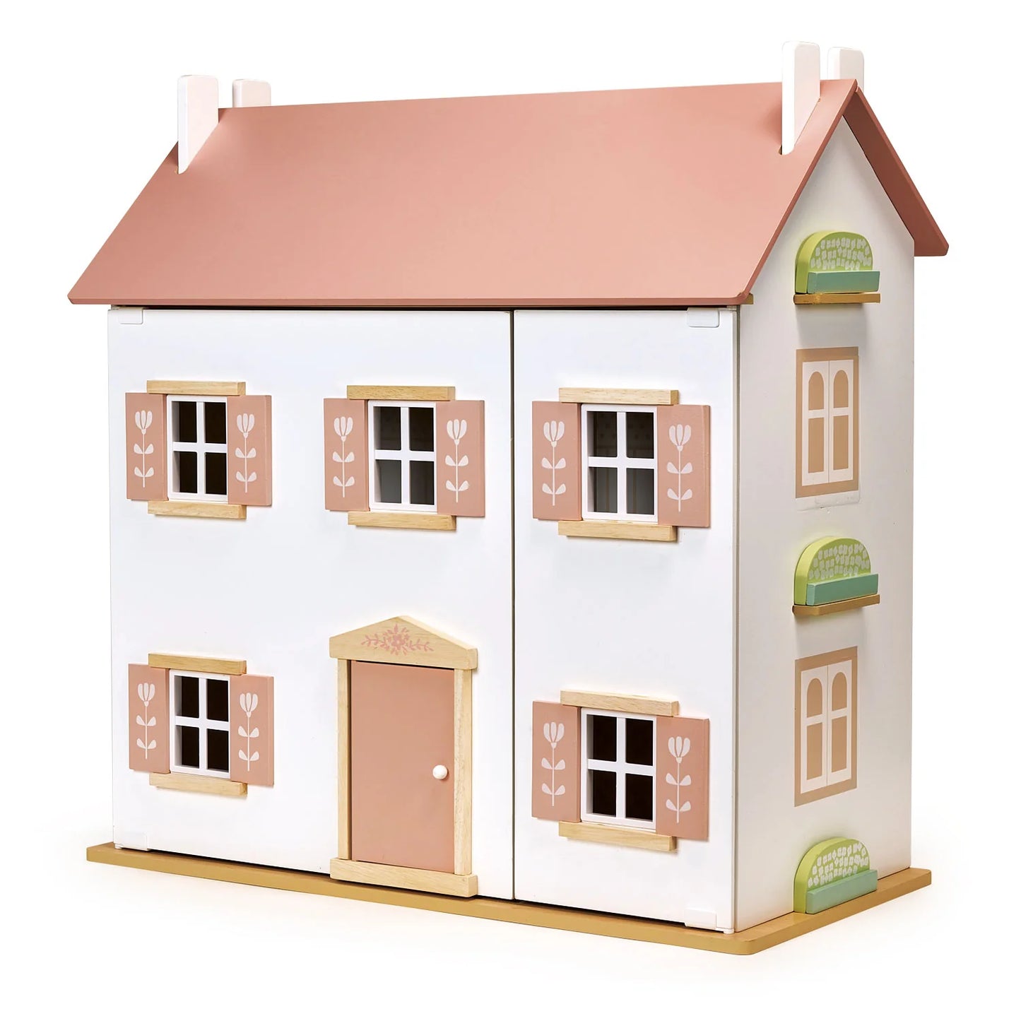 Wooden dollhouse with pink roof and white walls on a white background