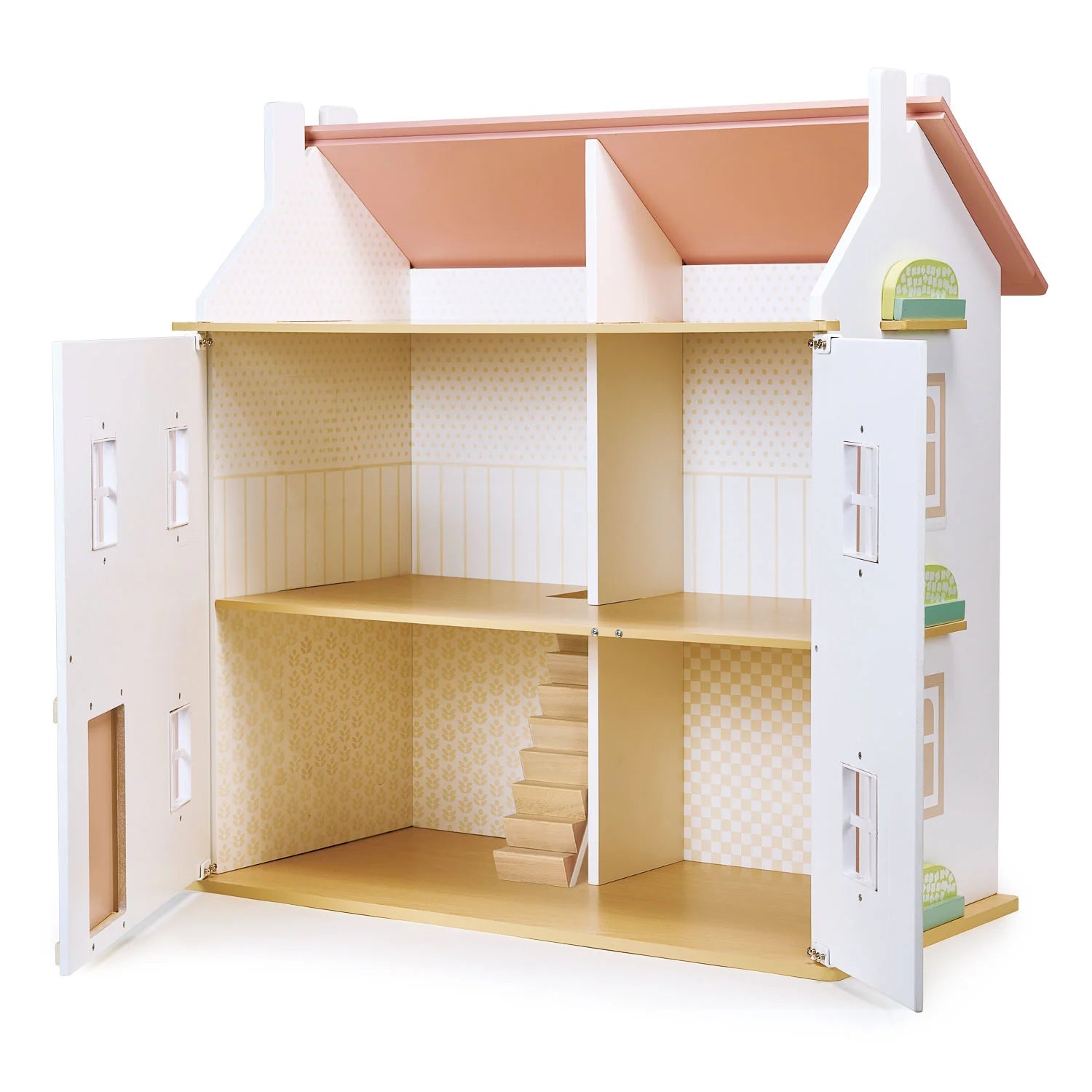 Wooden dollhouse with white base and pink roof on a white background
