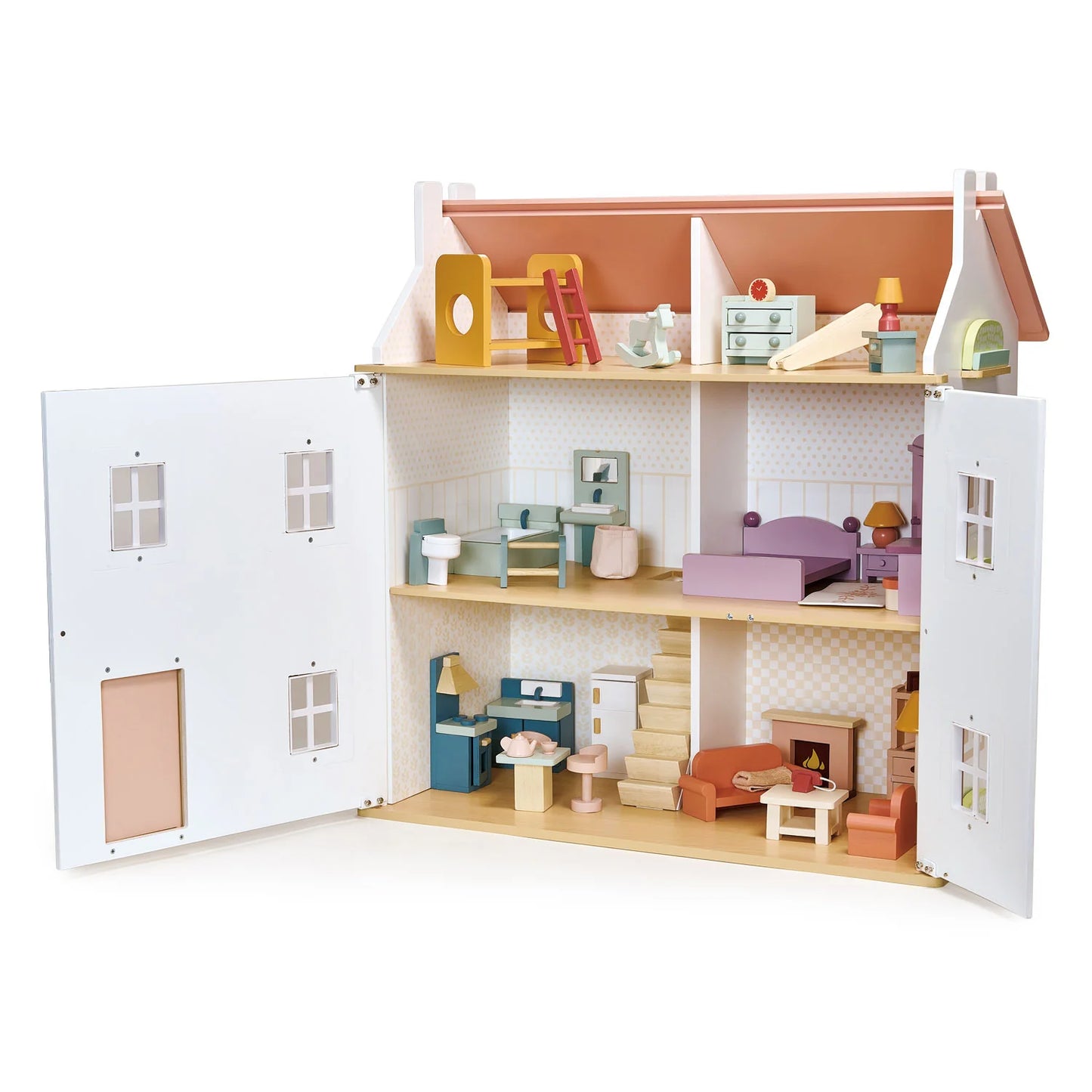 Wooden dollhouse with open doors showing interior rooms and furniture.