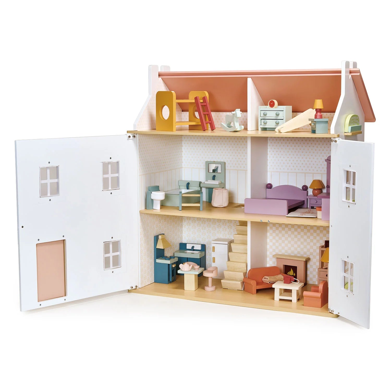 Wooden dollhouse with open doors showing interior rooms and furniture.
