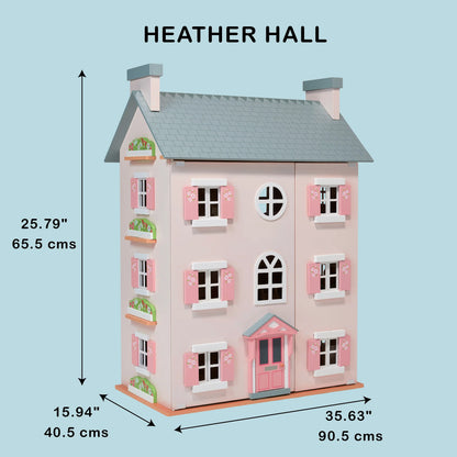 Measurement chart of a dollhouse labeled 'Heather Hall' on a light blue background