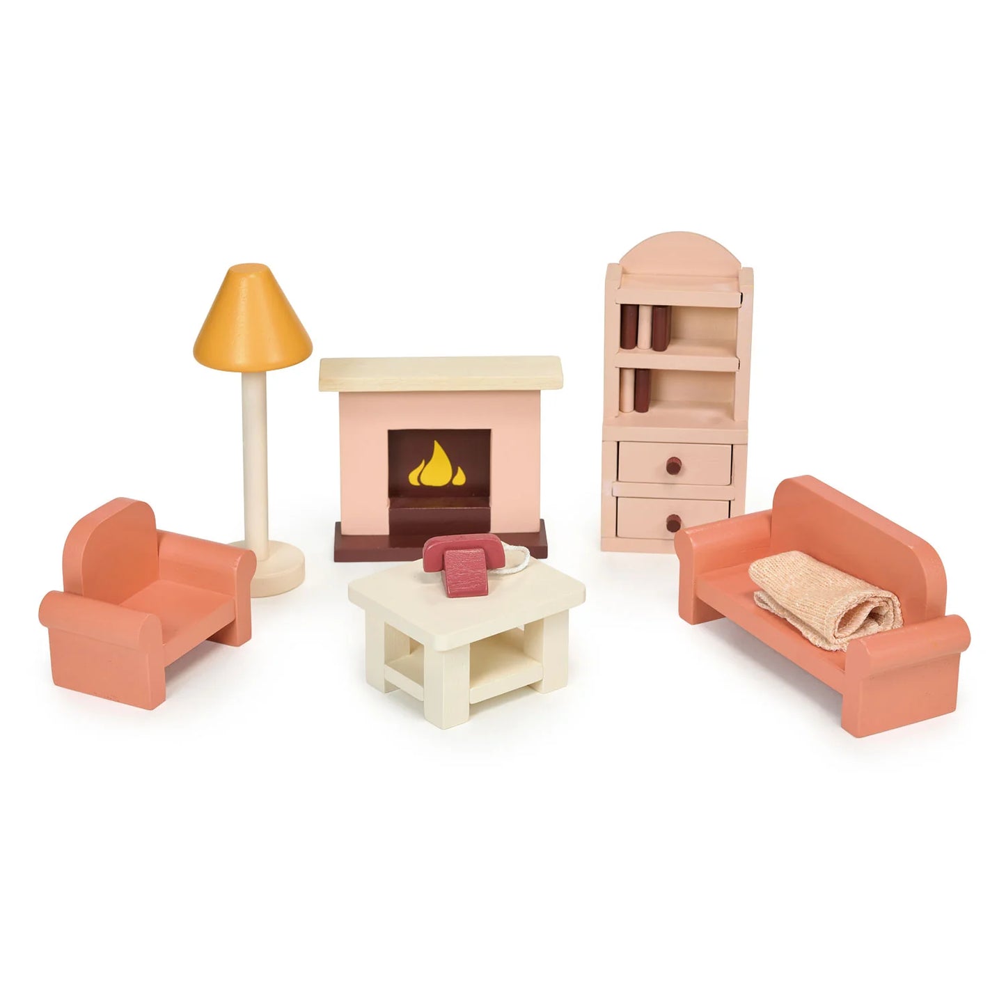 Set of miniature dollhouse furniture including a sofa, lamp, fireplace, and bookshelf on a white background.