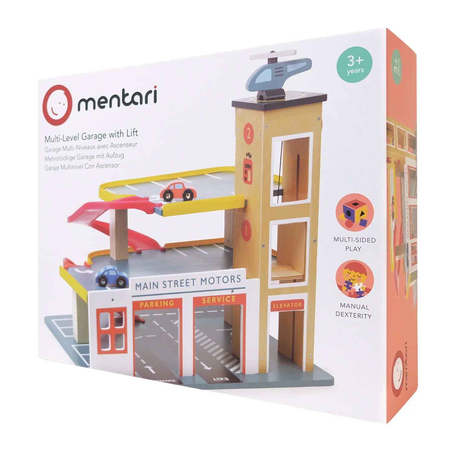 Mentari multi-level garage with lift toy set packaging on a white background