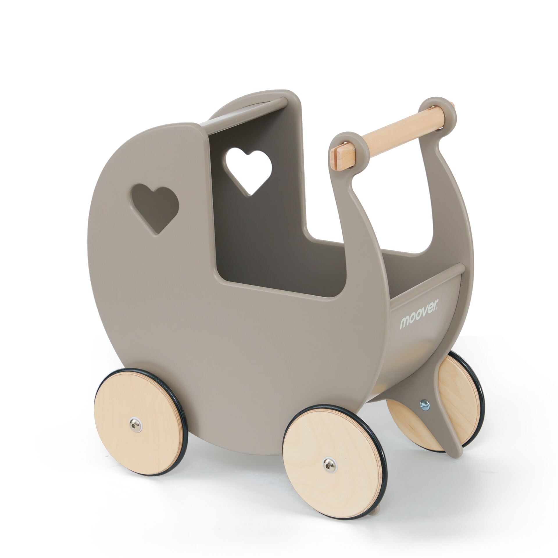 Children's toy stroller with heart cutouts on a white background