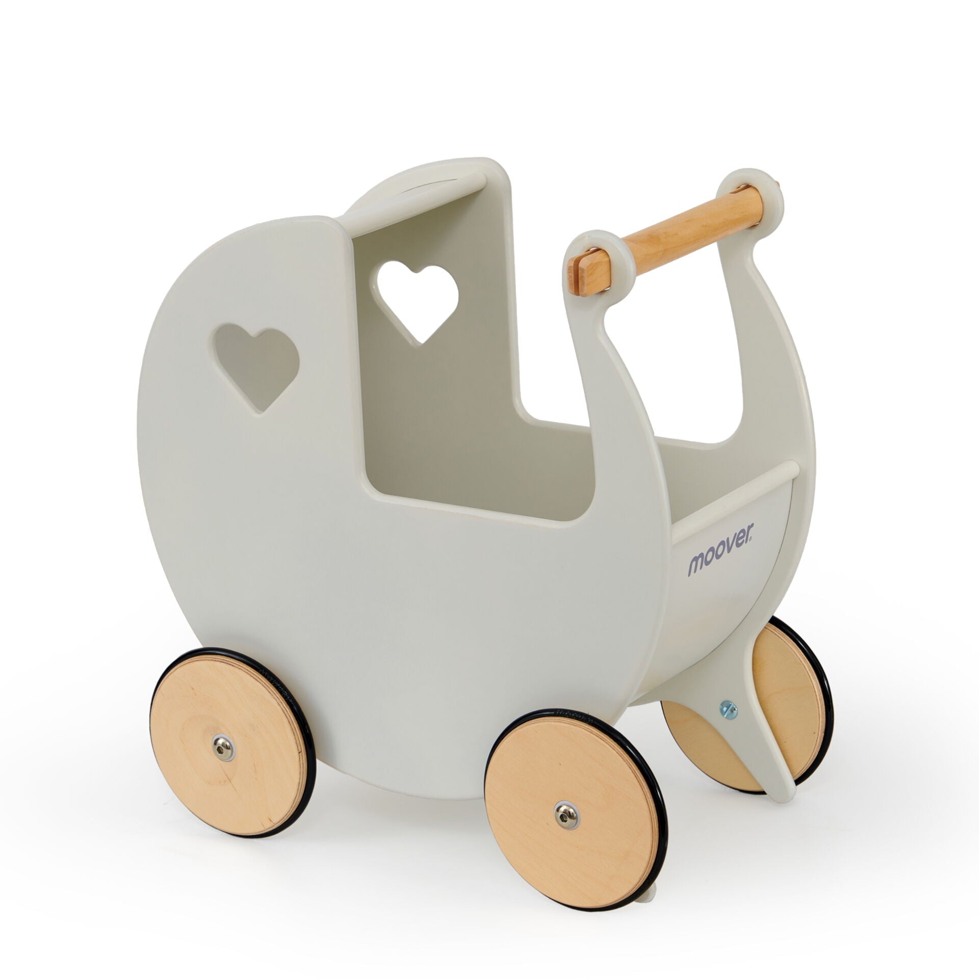 Children's toy pram with wooden wheels and handle on a white background