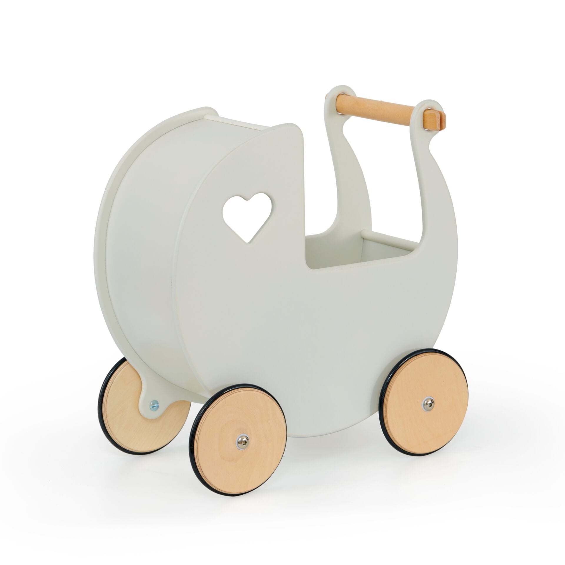 White toy pram with wooden wheels and handle on a white background