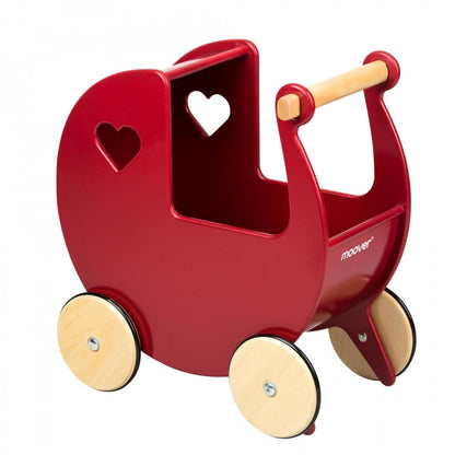 Red toy stroller with wooden wheels and handle on a white background