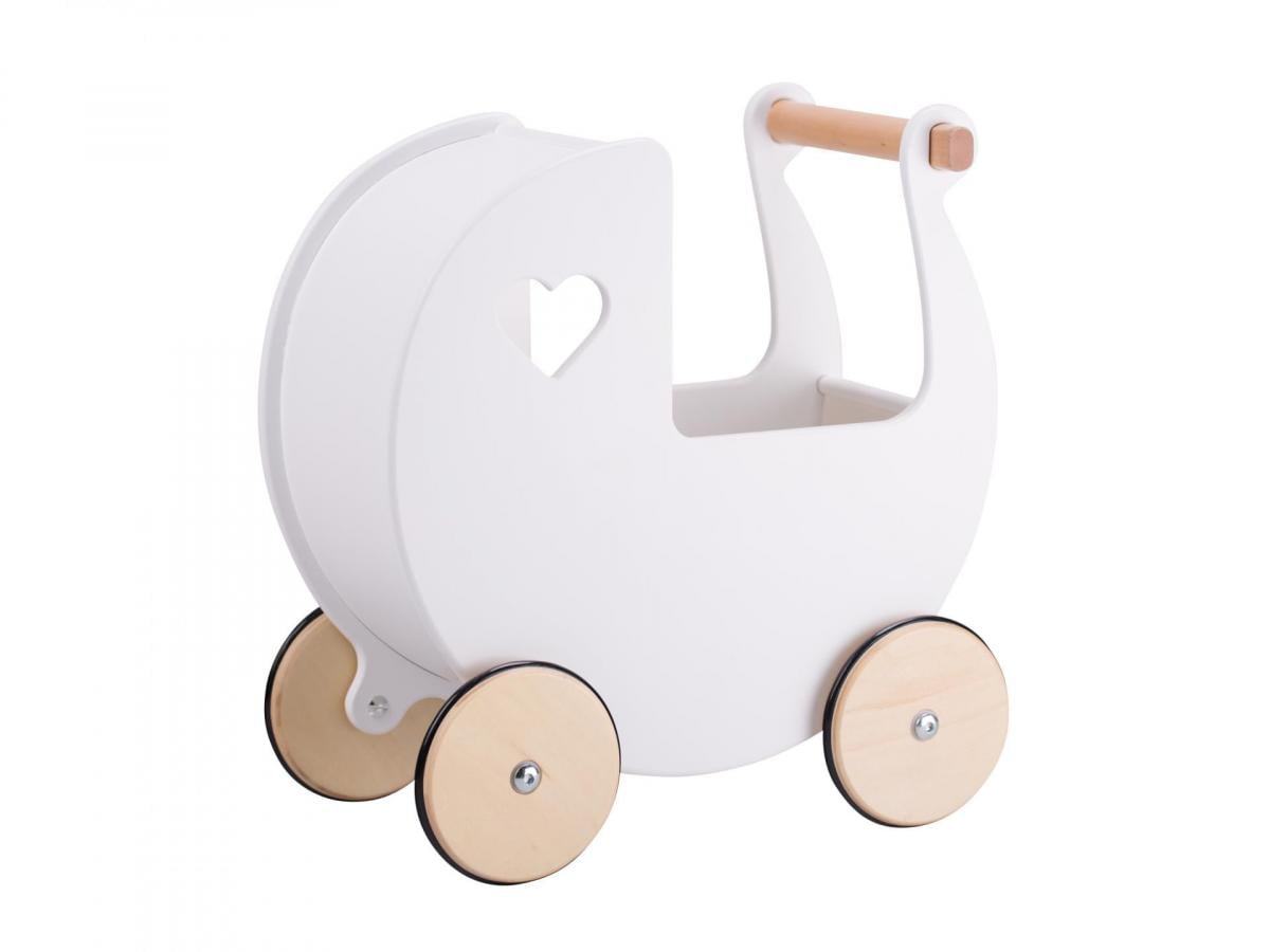 White doll pram with wooden wheels on a white background