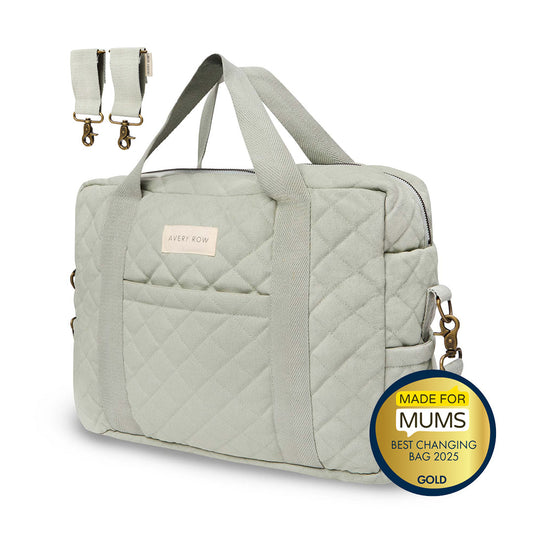 Light gray quilted diaper bag with gold accents on a white background, featuring a 'Made for Mums' award badge.