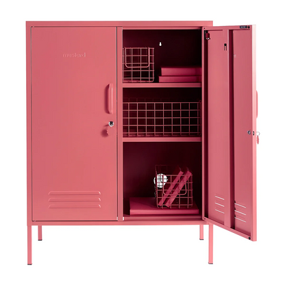 Pink metal locker with open door on a white background