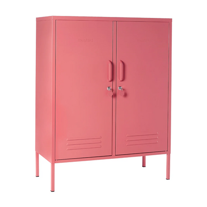 Pink metal cabinet with two doors on a white background