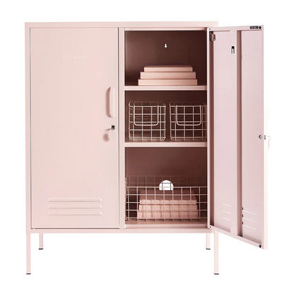 Pink storage cabinet with open doors on a white background