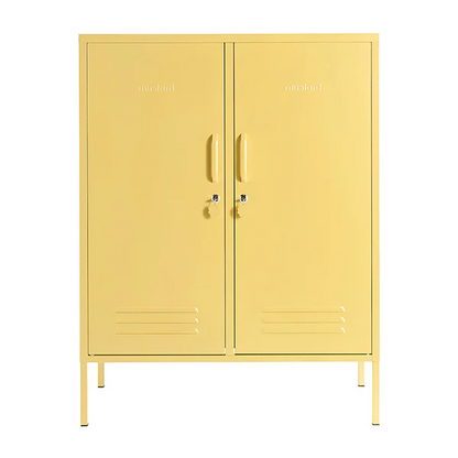 Yellow metal cabinet with gold handles on a white background