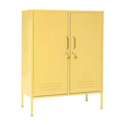 Yellow metal cabinet with two doors on a white background