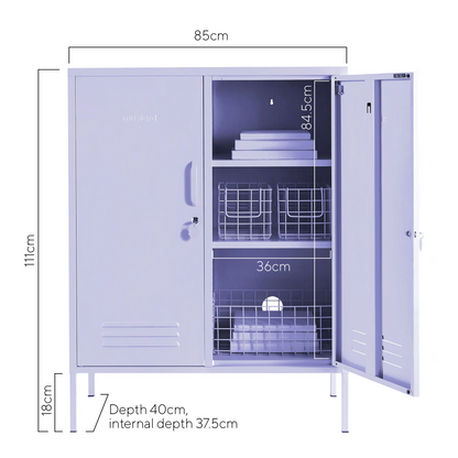 Dimensions of a storage cabinet with open doors showing shelves, on a white background.