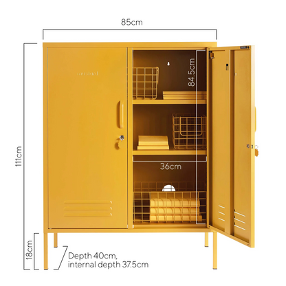 Yellow cabinet with dimensions labeled on a white background