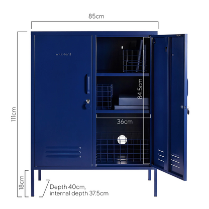Blue locker with dimensions labeled on a white background
