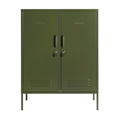 Green metal cabinet with two doors on a white background