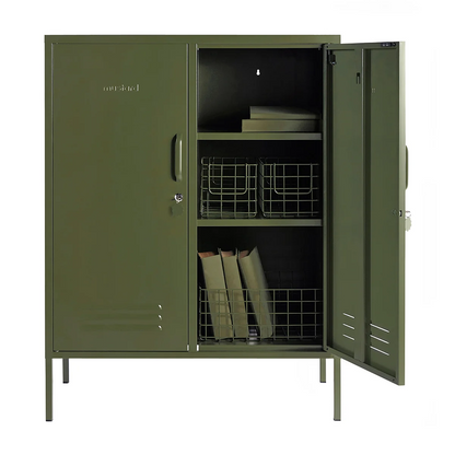 Green metal storage cabinet with open doors on a white background