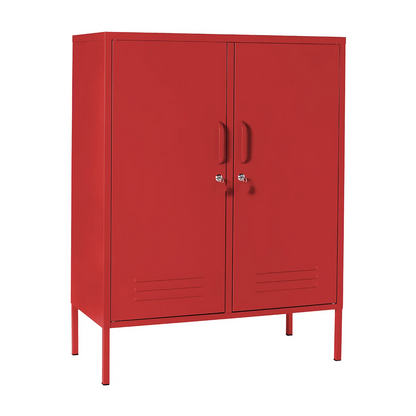 Red metal cabinet with two doors on a white background
