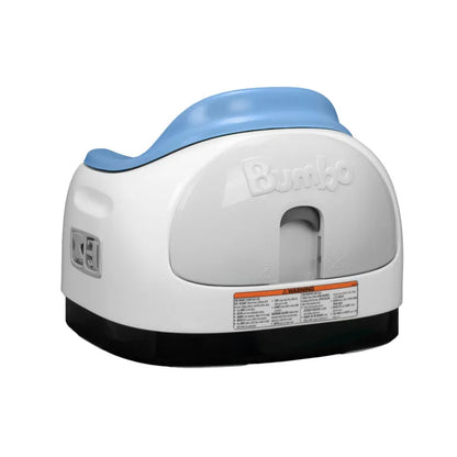 White and blue Bumbo baby seat on a white background