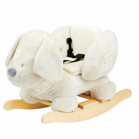 Children's rocking horse with plush body and wooden base on a white background